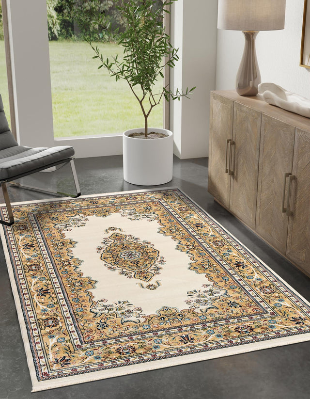 Cream 5' 3 x 8' Narenj Rectangle Area Rug 85% Polypropylene & 15% Polyester Traditional Classic Carpet for Living, Dining, Bedrooms, Office for Sale at Rug Engine
