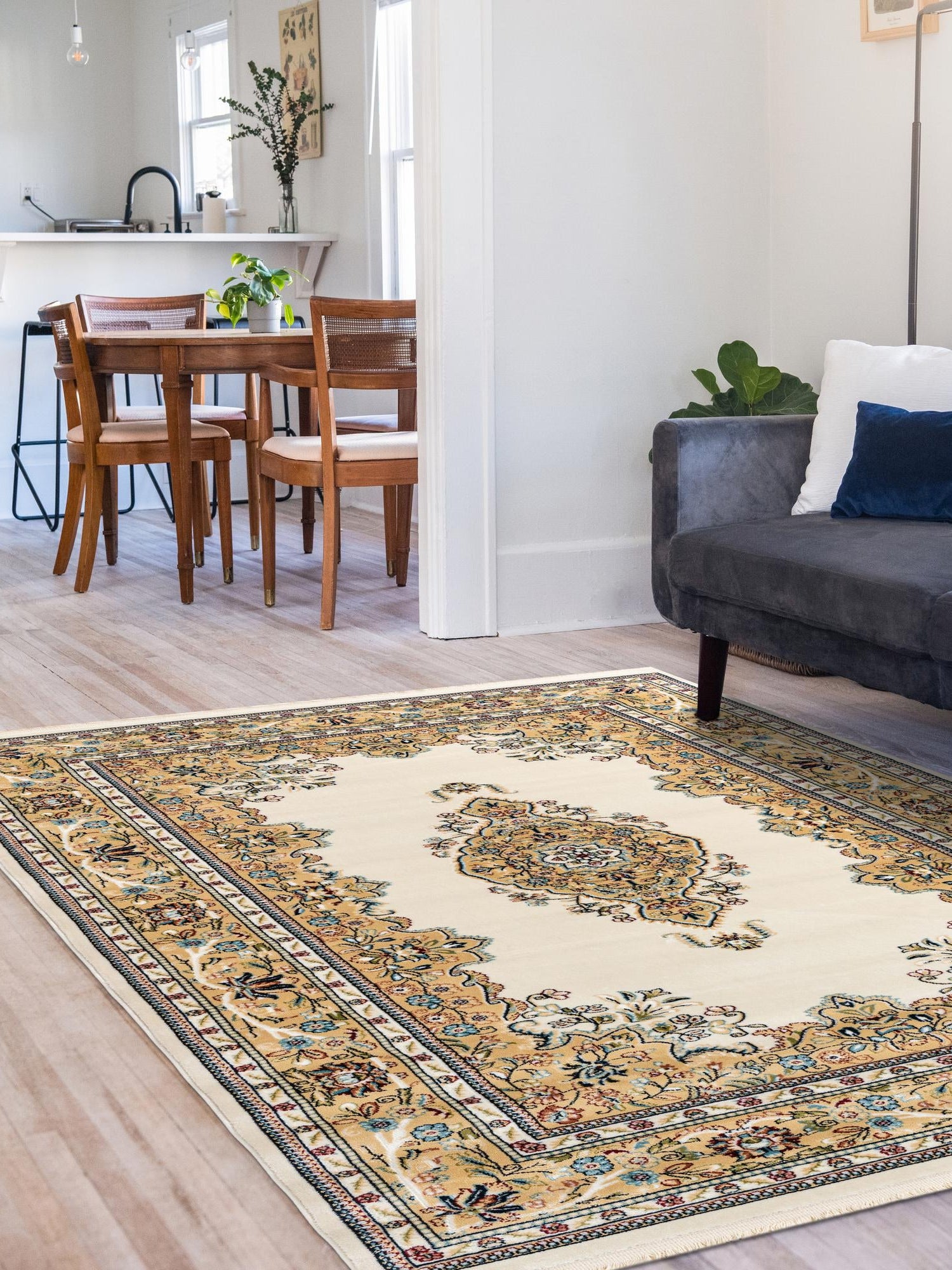 Cream 7' 10 x 10' Narenj Rectangle Area Rug 85% Polypropylene & 15% Polyester Traditional Classic Carpet for Living, Dining, Bedrooms, Office for Sale at Rug Engine