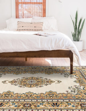 Cream 5' 3 x 8' Narenj Rectangle Area Rug 85% Polypropylene & 15% Polyester Traditional Classic Carpet for Living, Dining, Bedrooms, Office for Sale at Rug Engine