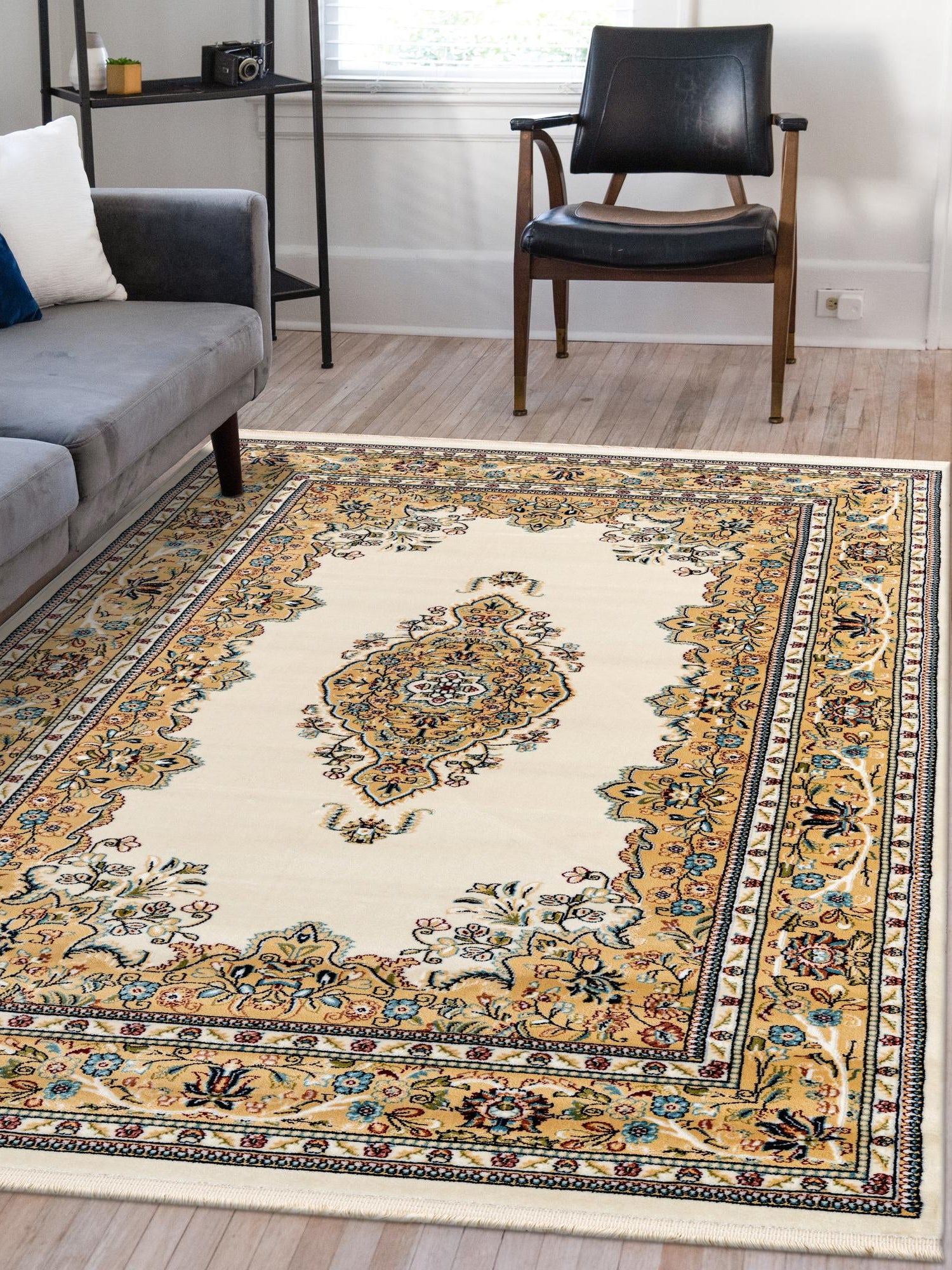 Cream 5' 3 x 8' Narenj Rectangle Area Rug 85% Polypropylene & 15% Polyester Traditional Classic Carpet for Living, Dining, Bedrooms, Office for Sale at Rug Engine