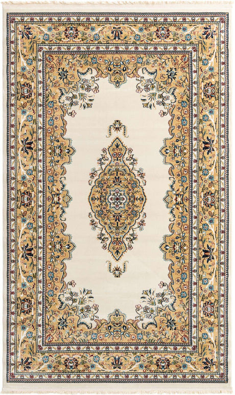 Cream 5' 3 x 8' Narenj Rectangle Area Rug 85% Polypropylene & 15% Polyester Traditional Classic Carpet for Living, Dining, Bedrooms, Office for Sale at Rug Engine
