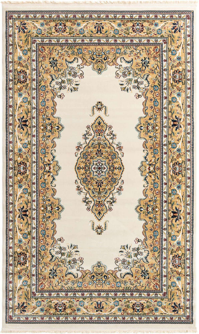 Cream 5' 3 x 8' Narenj Rectangle Area Rug 85% Polypropylene & 15% Polyester Traditional Classic Carpet for Living, Dining, Bedrooms, Office for Sale at Rug Engine