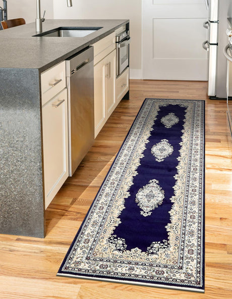 Navy Blue 2' 11 x 13' 1 Narenj Runner Area Rug 85% Polypropylene & 15% Polyester Traditional Classic Carpet for Living, Dining, Bedrooms, Office for Sale at Rug Engine