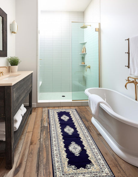 Navy Blue 2' 11 x 13' 1 Narenj Runner Area Rug 85% Polypropylene & 15% Polyester Traditional Classic Carpet for Living, Dining, Bedrooms, Office for Sale at Rug Engine