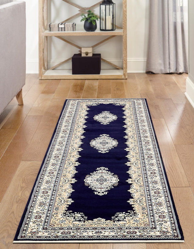 Navy Blue 2' 11 x 13' 1 Narenj Runner Area Rug 85% Polypropylene & 15% Polyester Traditional Classic Carpet for Living, Dining, Bedrooms, Office for Sale at Rug Engine