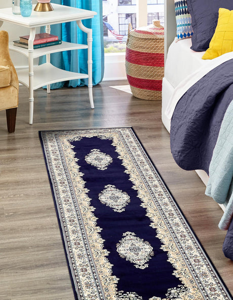 Navy Blue 2' 11 x 13' 1 Narenj Runner Area Rug 85% Polypropylene & 15% Polyester Traditional Classic Carpet for Living, Dining, Bedrooms, Office for Sale at Rug Engine