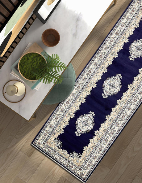 Navy Blue 2' 11 x 13' 1 Narenj Runner Area Rug 85% Polypropylene & 15% Polyester Traditional Classic Carpet for Living, Dining, Bedrooms, Office for Sale at Rug Engine