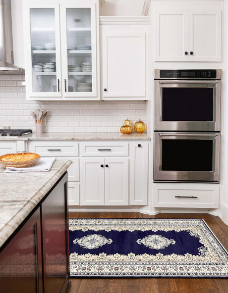 Navy Blue 2' 11 x 13' 1 Narenj Runner Area Rug 85% Polypropylene & 15% Polyester Traditional Classic Carpet for Living, Dining, Bedrooms, Office for Sale at Rug Engine