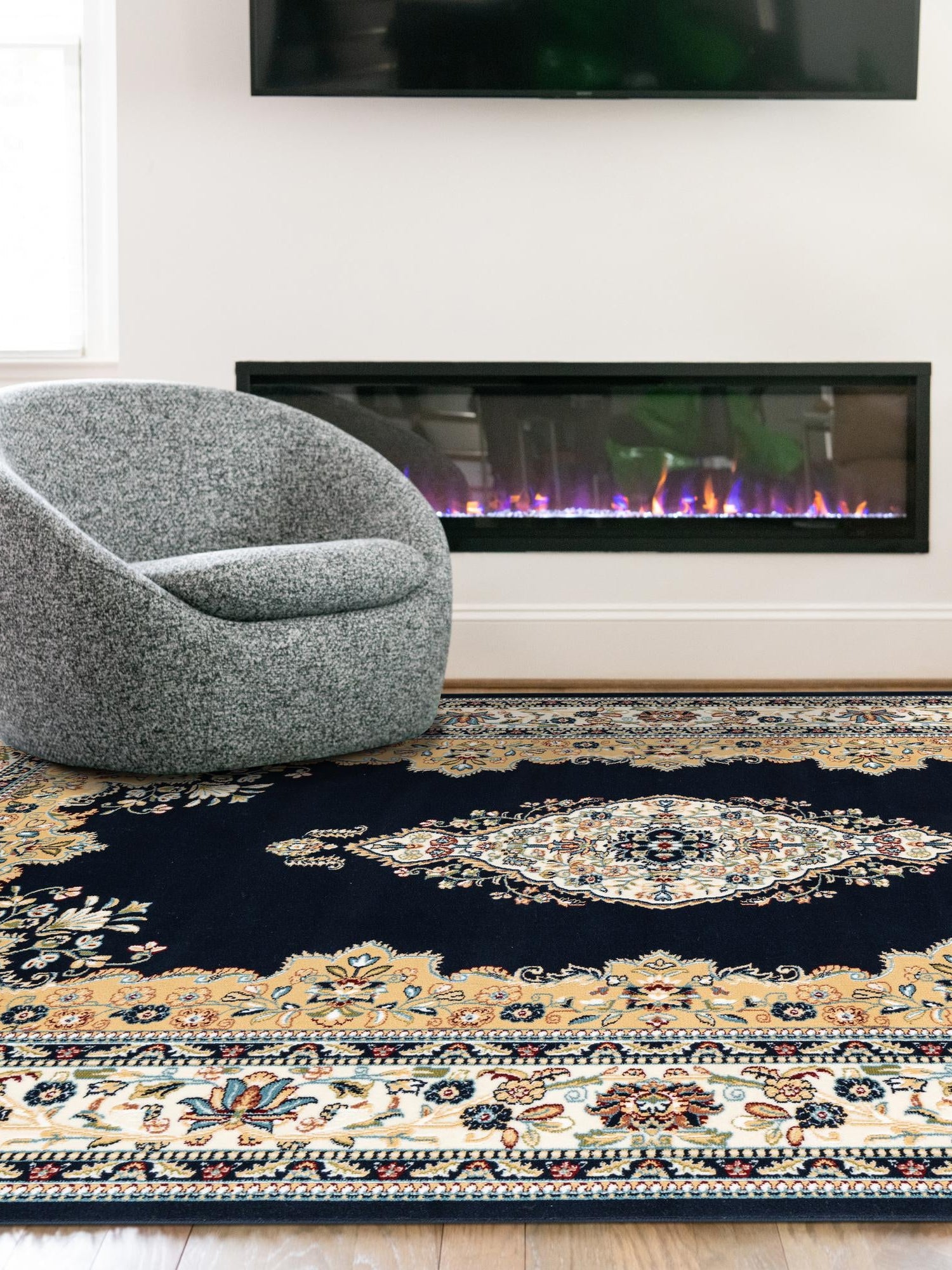 Navy Blue 7' 10 x 10' Narenj Rectangle Area Rug 85% Polypropylene & 15% Polyester Traditional Classic Carpet for Living, Dining, Bedrooms, Office for Sale at Rug Engine