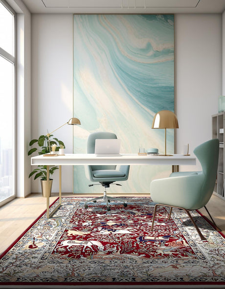 Burgundy 7' 10 x 10' Narenj Rectangle Area Rug 85% Polypropylene & 15% Polyester Traditional Classic Carpet for Living, Dining, Bedrooms, Office for Sale at Rug Engine
