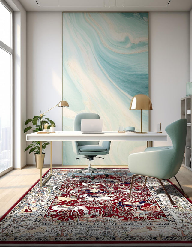 Burgundy 7' 10 x 10' Narenj Rectangle Area Rug 85% Polypropylene & 15% Polyester Traditional Classic Carpet for Living, Dining, Bedrooms, Office for Sale at Rug Engine