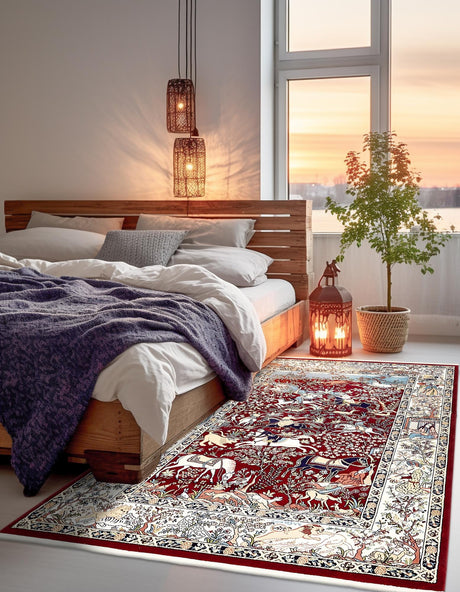 Burgundy 7' 10 x 10' Narenj Rectangle Area Rug 85% Polypropylene & 15% Polyester Traditional Classic Carpet for Living, Dining, Bedrooms, Office for Sale at Rug Engine