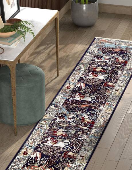 Navy Blue 2' 11 x 13' 1 Narenj Runner Area Rug 85% Polypropylene & 15% Polyester Traditional Classic Carpet for Living, Dining, Bedrooms, Office for Sale at Rug Engine
