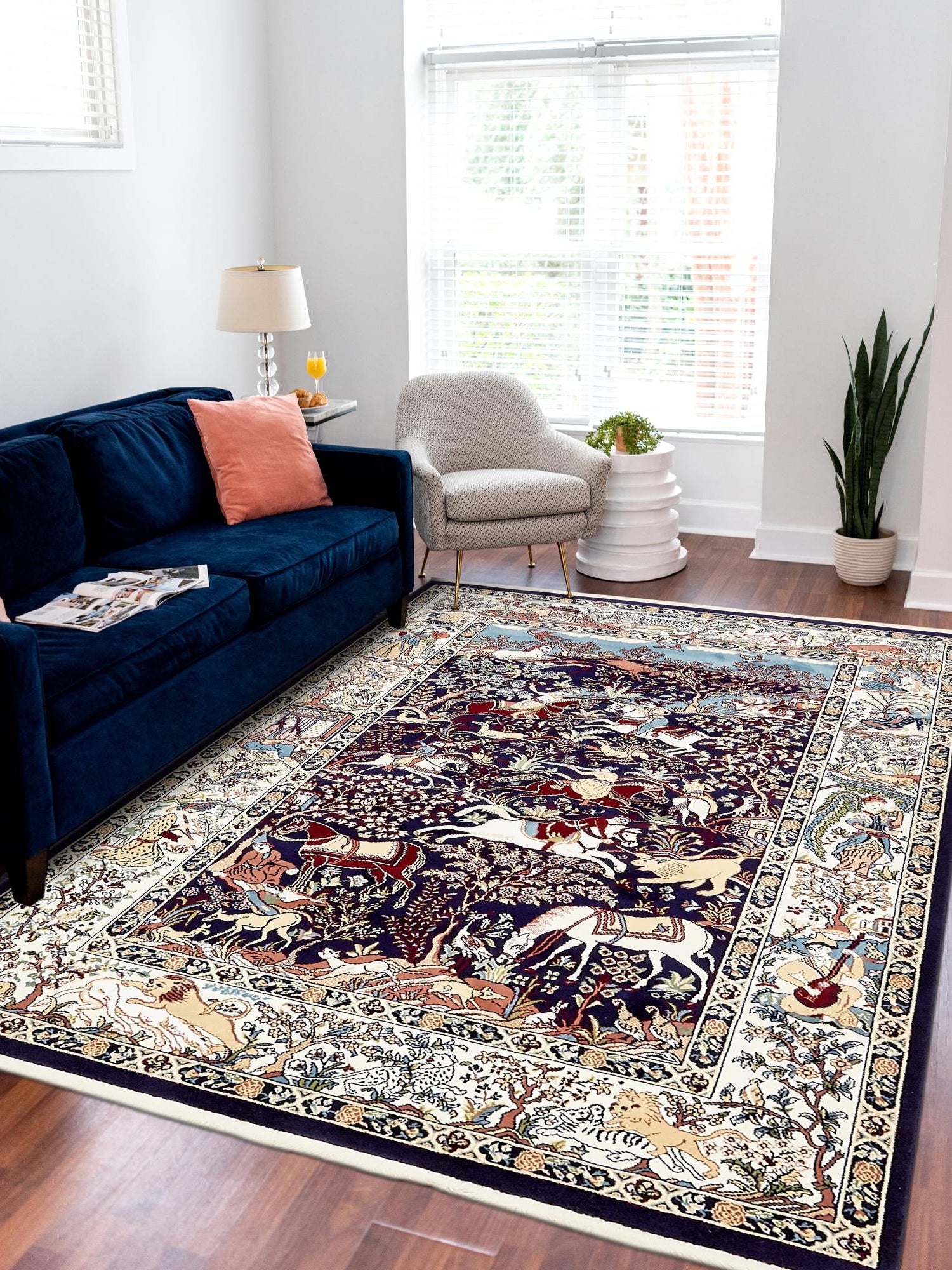 Navy Blue 5' 3 x 8' Narenj Rectangle Area Rug 85% Polypropylene & 15% Polyester Traditional Classic Carpet for Living, Dining, Bedrooms, Office for Sale at Rug Engine