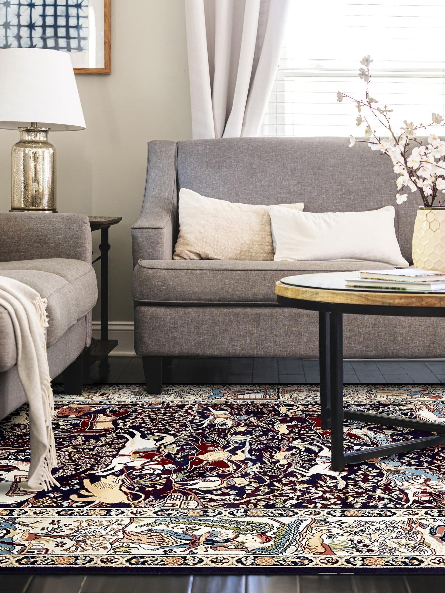 Navy Blue 5' 3 x 8' Narenj Rectangle Area Rug 85% Polypropylene & 15% Polyester Traditional Classic Carpet for Living, Dining, Bedrooms, Office for Sale at Rug Engine