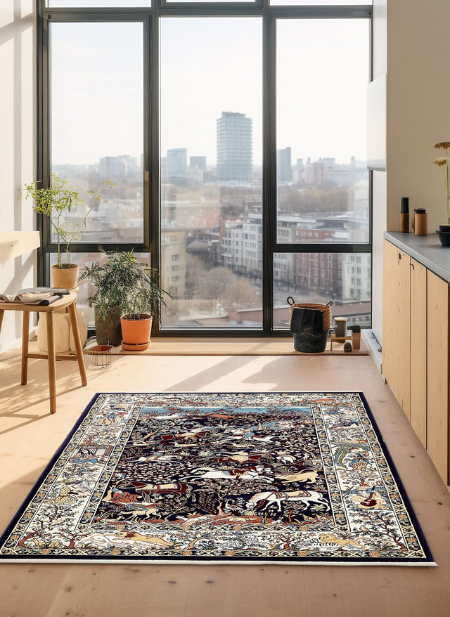 Navy Blue 5' 3 x 8' Narenj Rectangle Area Rug 85% Polypropylene & 15% Polyester Traditional Classic Carpet for Living, Dining, Bedrooms, Office for Sale at Rug Engine