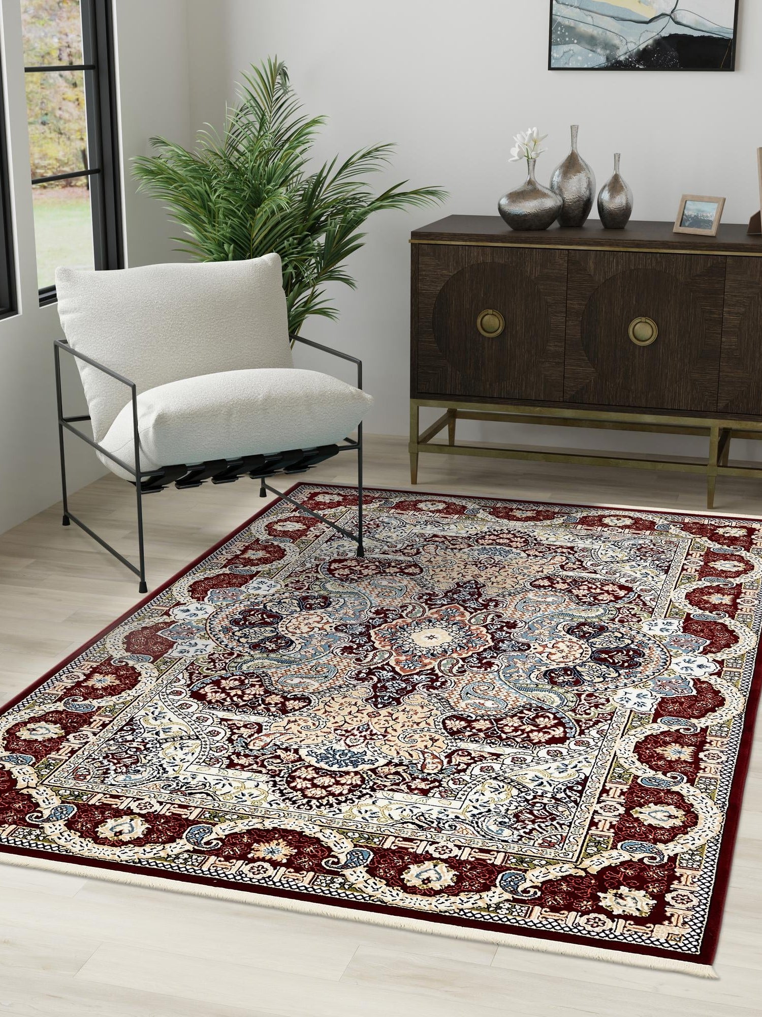 Burgundy 3' 1 x 5' 3 Narenj Rectangle Area Rug 85% Polypropylene & 15% Polyester Traditional Classic Carpet for Living, Dining, Bedrooms, Office for Sale at Rug Engine