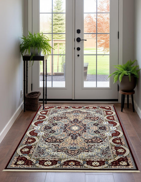 Burgundy 7' 10 x 10' Narenj Rectangle Area Rug 85% Polypropylene & 15% Polyester Traditional Classic Carpet for Living, Dining, Bedrooms, Office for Sale at Rug Engine