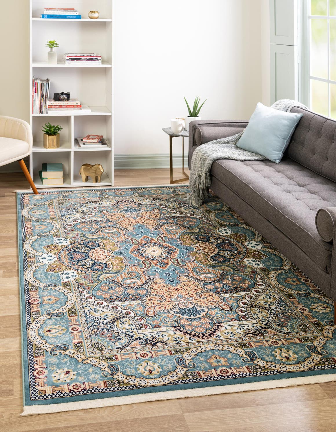 Blue 5' 3 x 8' Narenj Rectangle Area Rug 85% Polypropylene & 15% Polyester Traditional Classic Carpet for Living, Dining, Bedrooms, Office for Sale at Rug Engine