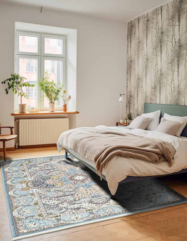 Blue 7' 10 x 10' Narenj Rectangle Area Rug 85% Polypropylene & 15% Polyester Traditional Classic Carpet for Living, Dining, Bedrooms, Office for Sale at Rug Engine