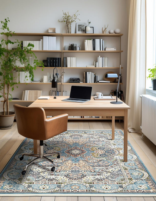 Blue 5' 3 x 8' Narenj Rectangle Area Rug 85% Polypropylene & 15% Polyester Traditional Classic Carpet for Living, Dining, Bedrooms, Office for Sale at Rug Engine