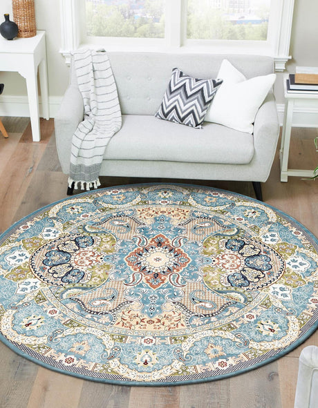 Blue 5' 3 x 5' 3 Narenj Round Area Rug 85% Polypropylene & 15% Polyester Traditional Classic Carpet for Living, Dining, Bedrooms, Office for Sale at Rug Engine