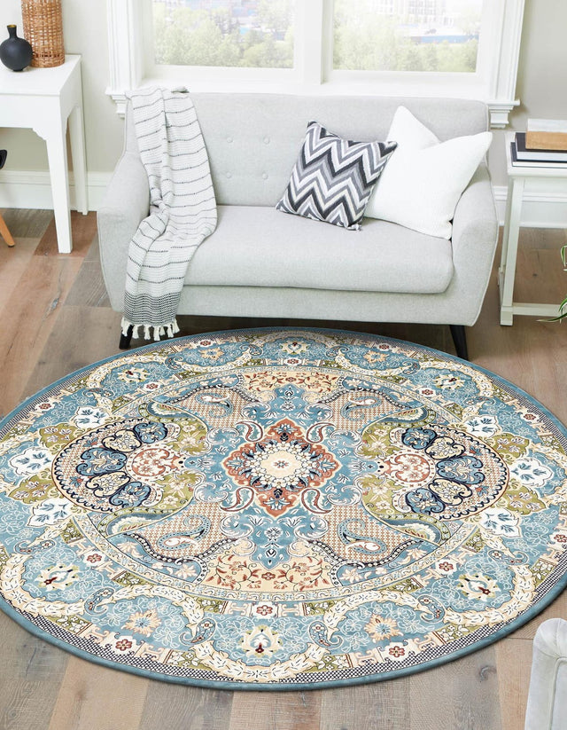 Blue 10' x 10' Narenj Round Area Rug 85% Polypropylene & 15% Polyester Traditional Classic Carpet for Living, Dining, Bedrooms, Office for Sale at Rug Engine