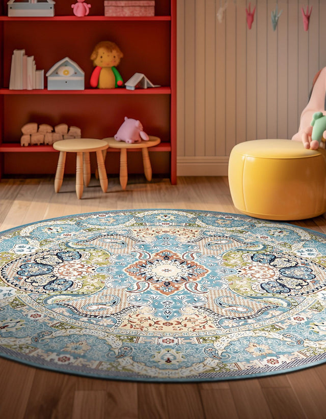 Blue 5' 3 x 5' 3 Narenj Round Area Rug 85% Polypropylene & 15% Polyester Traditional Classic Carpet for Living, Dining, Bedrooms, Office for Sale at Rug Engine