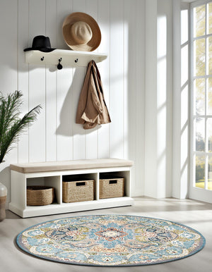 Blue 5' 3 x 5' 3 Narenj Round Area Rug 85% Polypropylene & 15% Polyester Traditional Classic Carpet for Living, Dining, Bedrooms, Office for Sale at Rug Engine