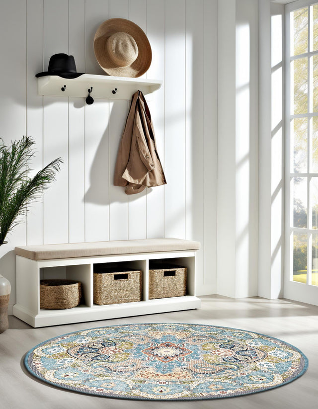 Blue 5' 3 x 5' 3 Narenj Round Area Rug 85% Polypropylene & 15% Polyester Traditional Classic Carpet for Living, Dining, Bedrooms, Office for Sale at Rug Engine