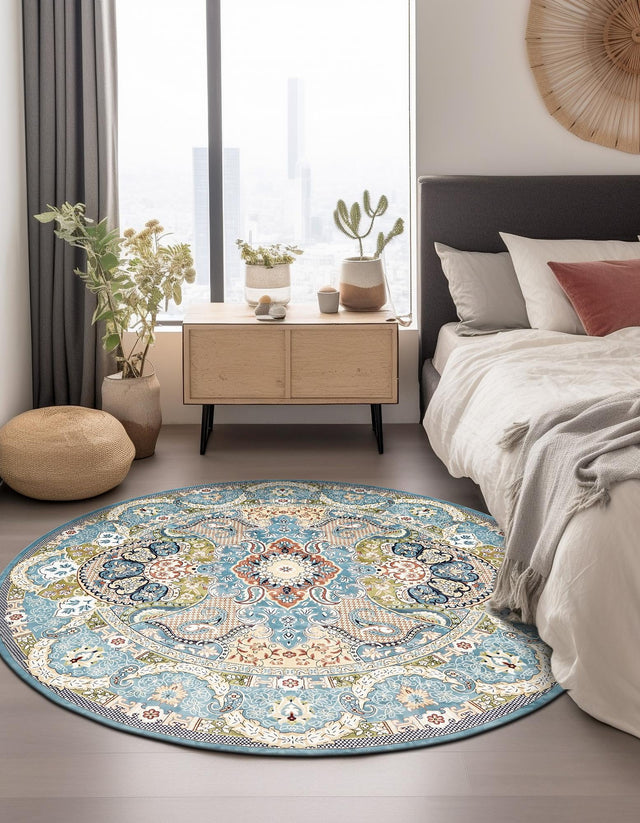 Blue 5' 3 x 5' 3 Narenj Round Area Rug 85% Polypropylene & 15% Polyester Traditional Classic Carpet for Living, Dining, Bedrooms, Office for Sale at Rug Engine