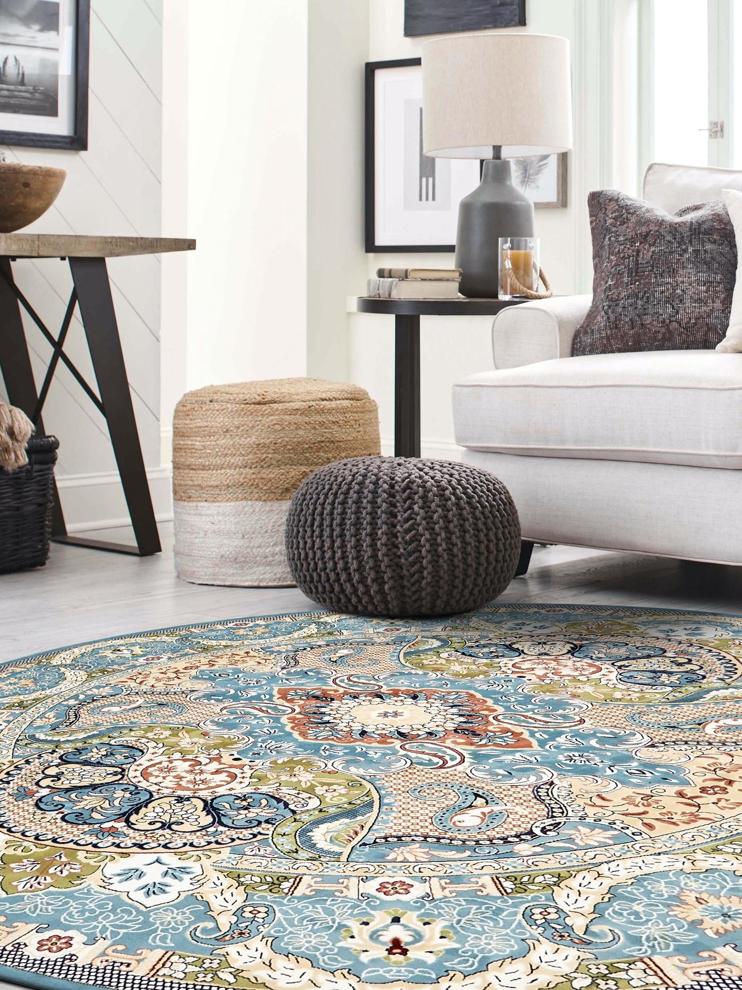 Blue 10' x 10' Narenj Round Area Rug 85% Polypropylene & 15% Polyester Traditional Classic Carpet for Living, Dining, Bedrooms, Office for Sale at Rug Engine