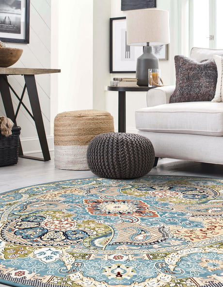 Blue 10' x 10' Narenj Round Area Rug 85% Polypropylene & 15% Polyester Traditional Classic Carpet for Living, Dining, Bedrooms, Office for Sale at Rug Engine
