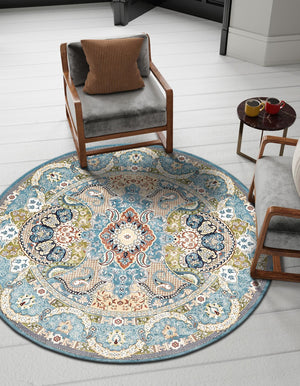 Blue 5' 3 x 5' 3 Narenj Round Area Rug 85% Polypropylene & 15% Polyester Traditional Classic Carpet for Living, Dining, Bedrooms, Office for Sale at Rug Engine
