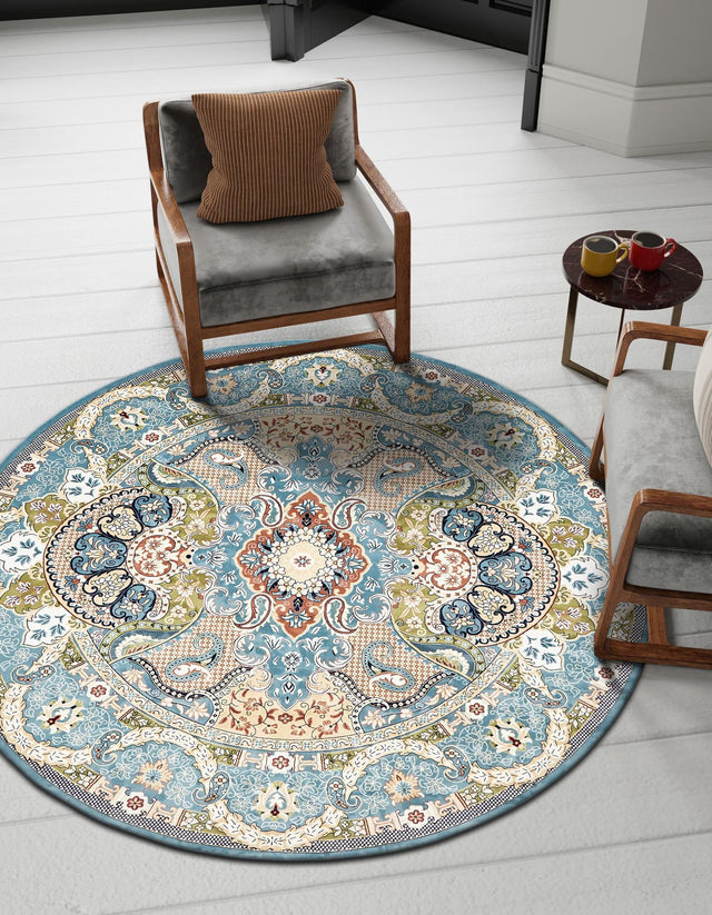 Blue 5' 3 x 5' 3 Narenj Round Area Rug 85% Polypropylene & 15% Polyester Traditional Classic Carpet for Living, Dining, Bedrooms, Office for Sale at Rug Engine