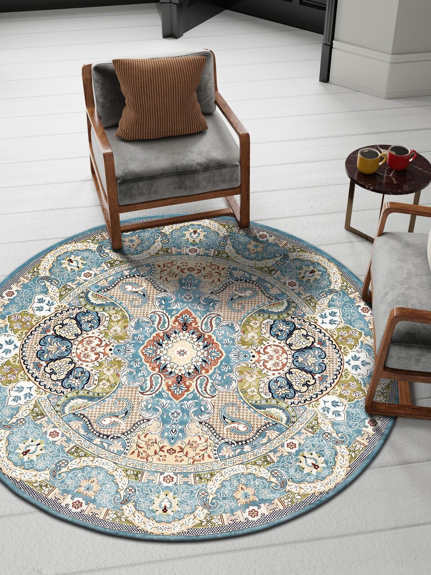 Blue 10' x 10' Narenj Round Area Rug 85% Polypropylene & 15% Polyester Traditional Classic Carpet for Living, Dining, Bedrooms, Office for Sale at Rug Engine