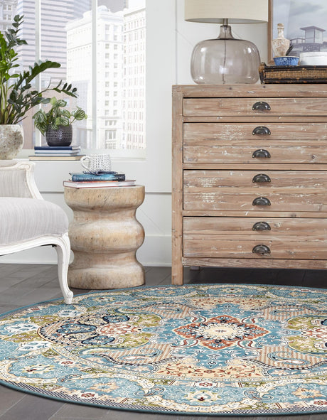 Blue 10' x 10' Narenj Round Area Rug 85% Polypropylene & 15% Polyester Traditional Classic Carpet for Living, Dining, Bedrooms, Office for Sale at Rug Engine