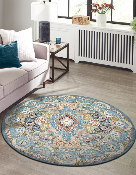 Blue 10' x 10' Narenj Round Area Rug 85% Polypropylene & 15% Polyester Traditional Classic Carpet for Living, Dining, Bedrooms, Office for Sale at Rug Engine