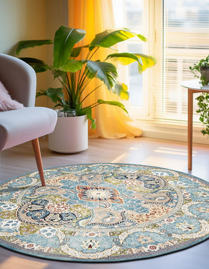 Blue 10' x 10' Narenj Round Area Rug 85% Polypropylene & 15% Polyester Traditional Classic Carpet for Living, Dining, Bedrooms, Office for Sale at Rug Engine