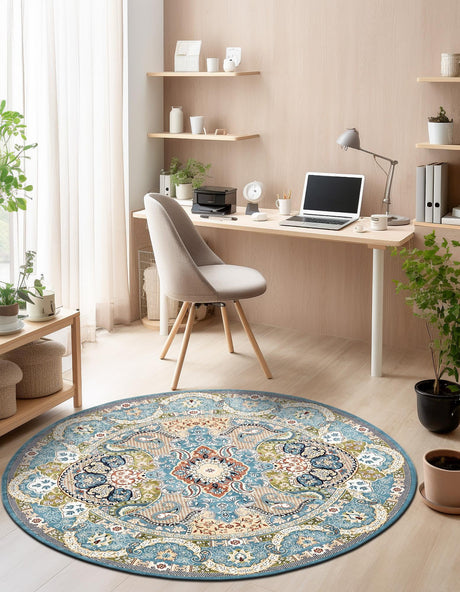 Blue 10' x 10' Narenj Round Area Rug 85% Polypropylene & 15% Polyester Traditional Classic Carpet for Living, Dining, Bedrooms, Office for Sale at Rug Engine