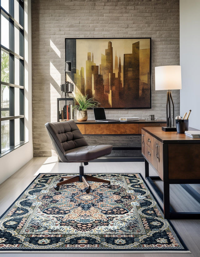 Navy Blue 9' x 12' Narenj Rectangle Area Rug 85% Polypropylene & 15% Polyester Traditional Classic Carpet for Living, Dining, Bedrooms, Office for Sale at Rug Engine