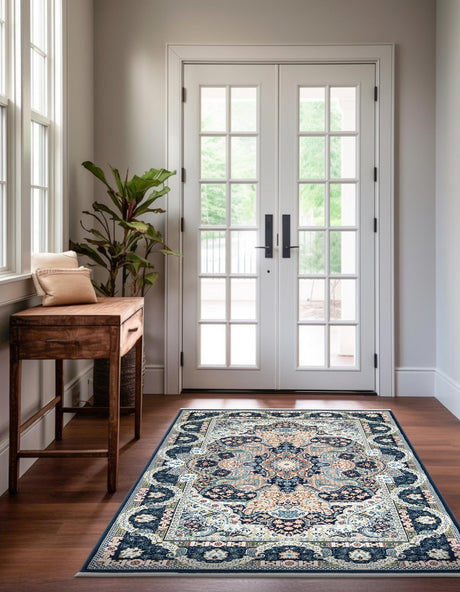 Navy Blue 9' x 12' Narenj Rectangle Area Rug 85% Polypropylene & 15% Polyester Traditional Classic Carpet for Living, Dining, Bedrooms, Office for Sale at Rug Engine