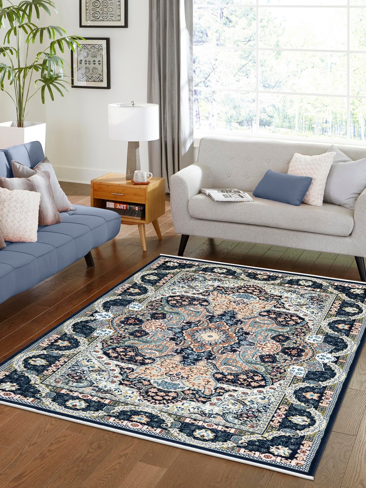 Navy Blue 7' 10 x 11' Narenj Rectangle Area Rug 85% Polypropylene & 15% Polyester Traditional Classic Carpet for Living, Dining, Bedrooms, Office for Sale at Rug Engine