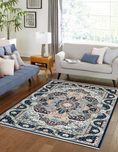 Navy Blue 7' 10 x 11' Narenj Rectangle Area Rug 85% Polypropylene & 15% Polyester Traditional Classic Carpet for Living, Dining, Bedrooms, Office for Sale at Rug Engine