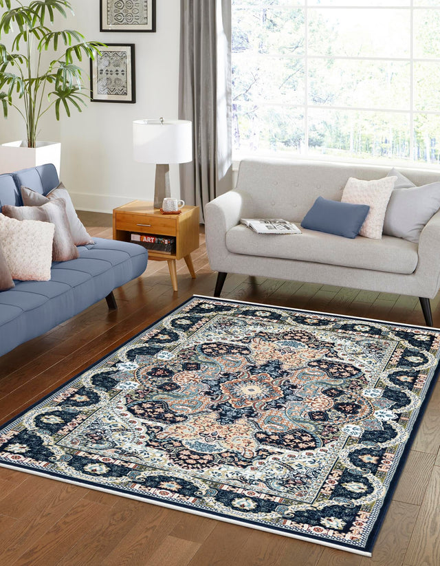 Navy Blue 6' 1 x 9' Narenj Rectangle Area Rug 85% Polypropylene & 15% Polyester Traditional Classic Carpet for Living, Dining, Bedrooms, Office for Sale at Rug Engine