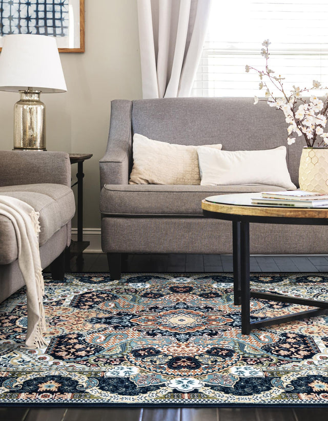 Navy Blue 7' 10 x 11' Narenj Rectangle Area Rug 85% Polypropylene & 15% Polyester Traditional Classic Carpet for Living, Dining, Bedrooms, Office for Sale at Rug Engine