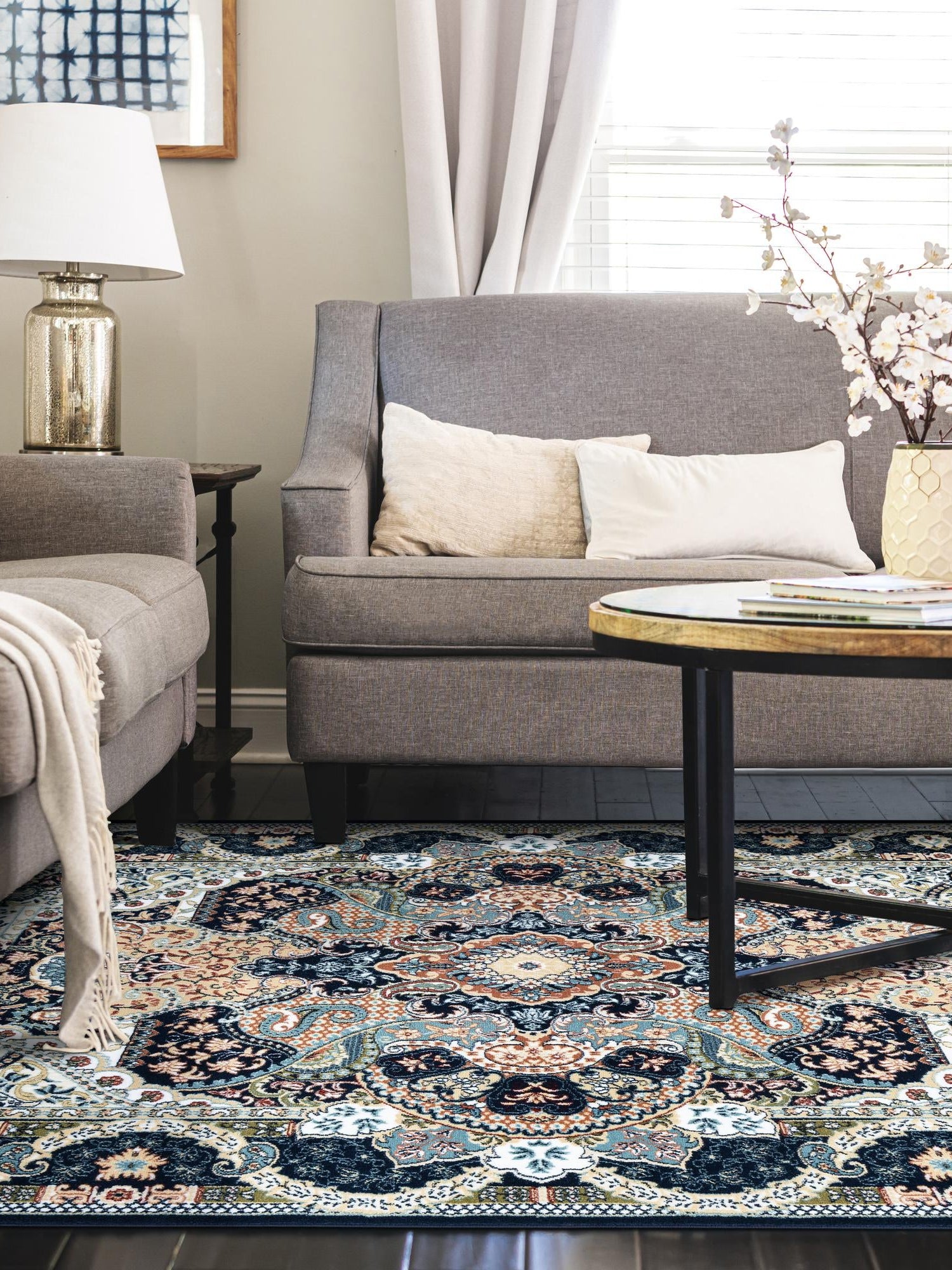 Navy Blue 2' x 3' 1 Narenj Rectangle Area Rug 85% Polypropylene & 15% Polyester Traditional Classic Carpet for Living, Dining, Bedrooms, Office for Sale at Rug Engine