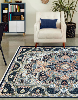Navy Blue 7' 1 x 10' Narenj Rectangle Area Rug 85% Polypropylene & 15% Polyester Traditional Classic Carpet for Living, Dining, Bedrooms, Office for Sale at Rug Engine
