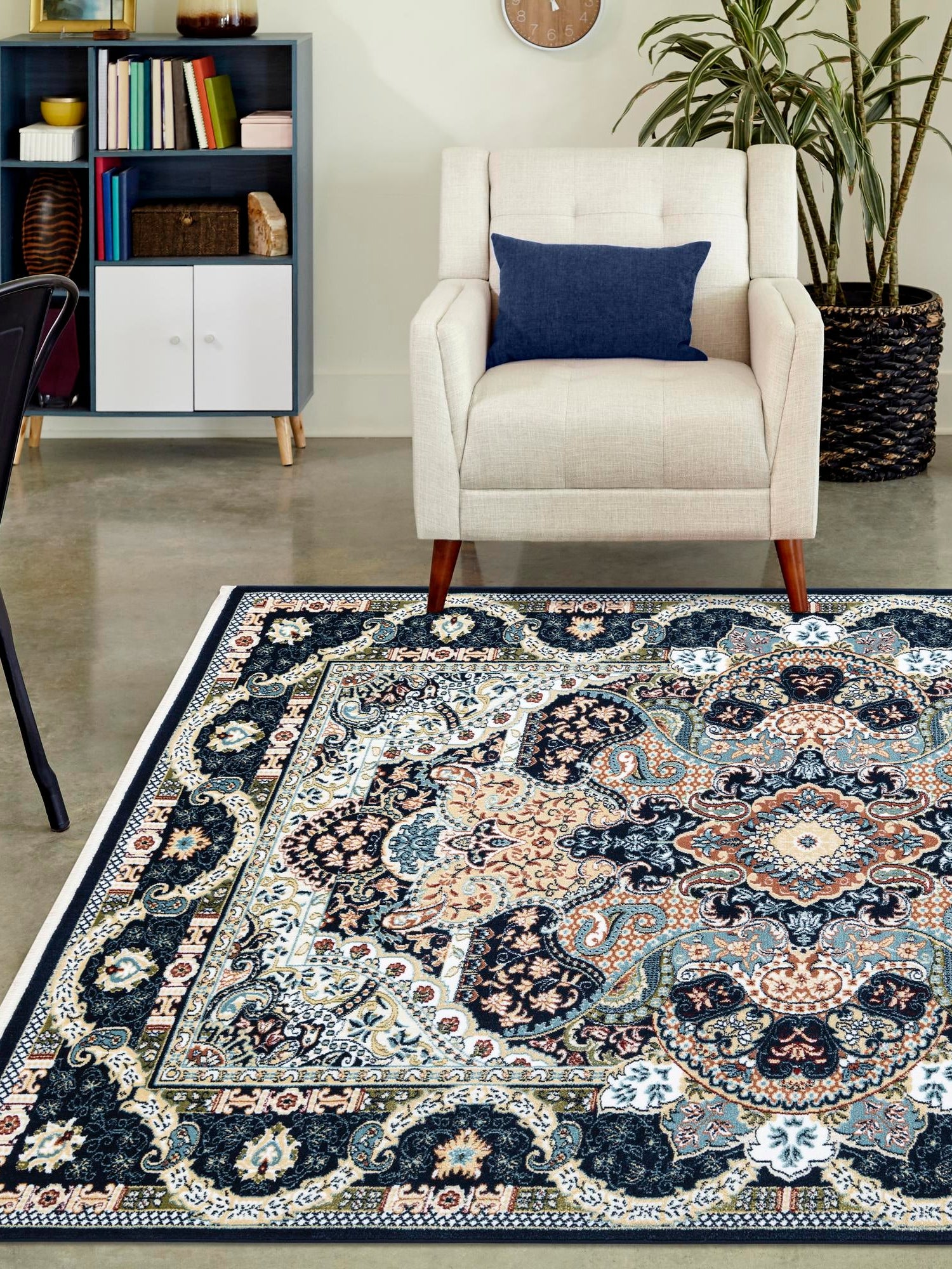 Navy Blue 7' 10 x 11' Narenj Rectangle Area Rug 85% Polypropylene & 15% Polyester Traditional Classic Carpet for Living, Dining, Bedrooms, Office for Sale at Rug Engine