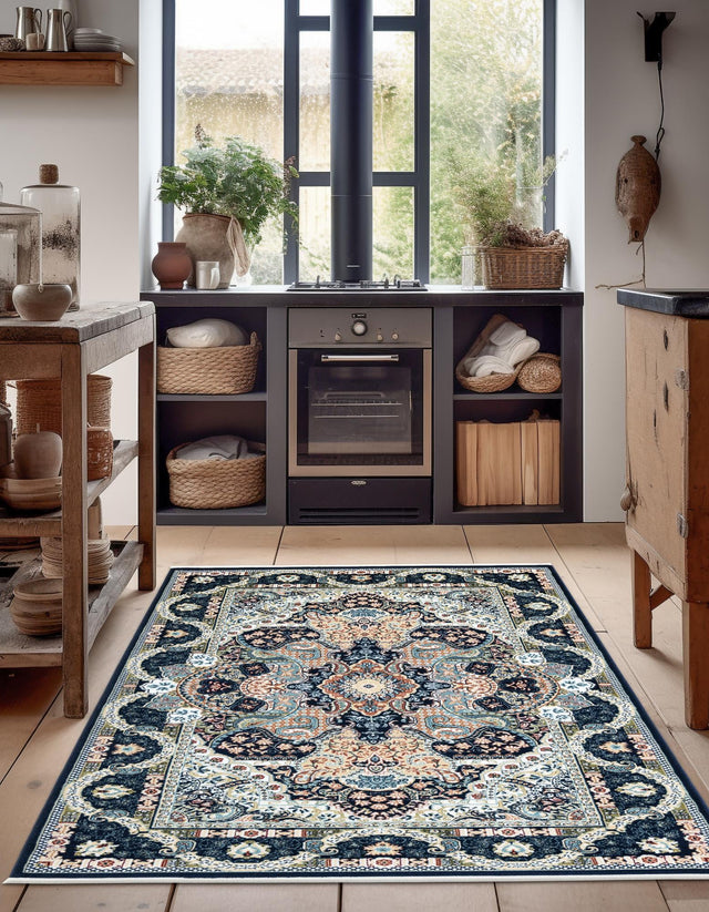 Navy Blue 3' 1 x 5' 3 Narenj Rectangle Area Rug 85% Polypropylene & 15% Polyester Traditional Classic Carpet for Living, Dining, Bedrooms, Office for Sale at Rug Engine